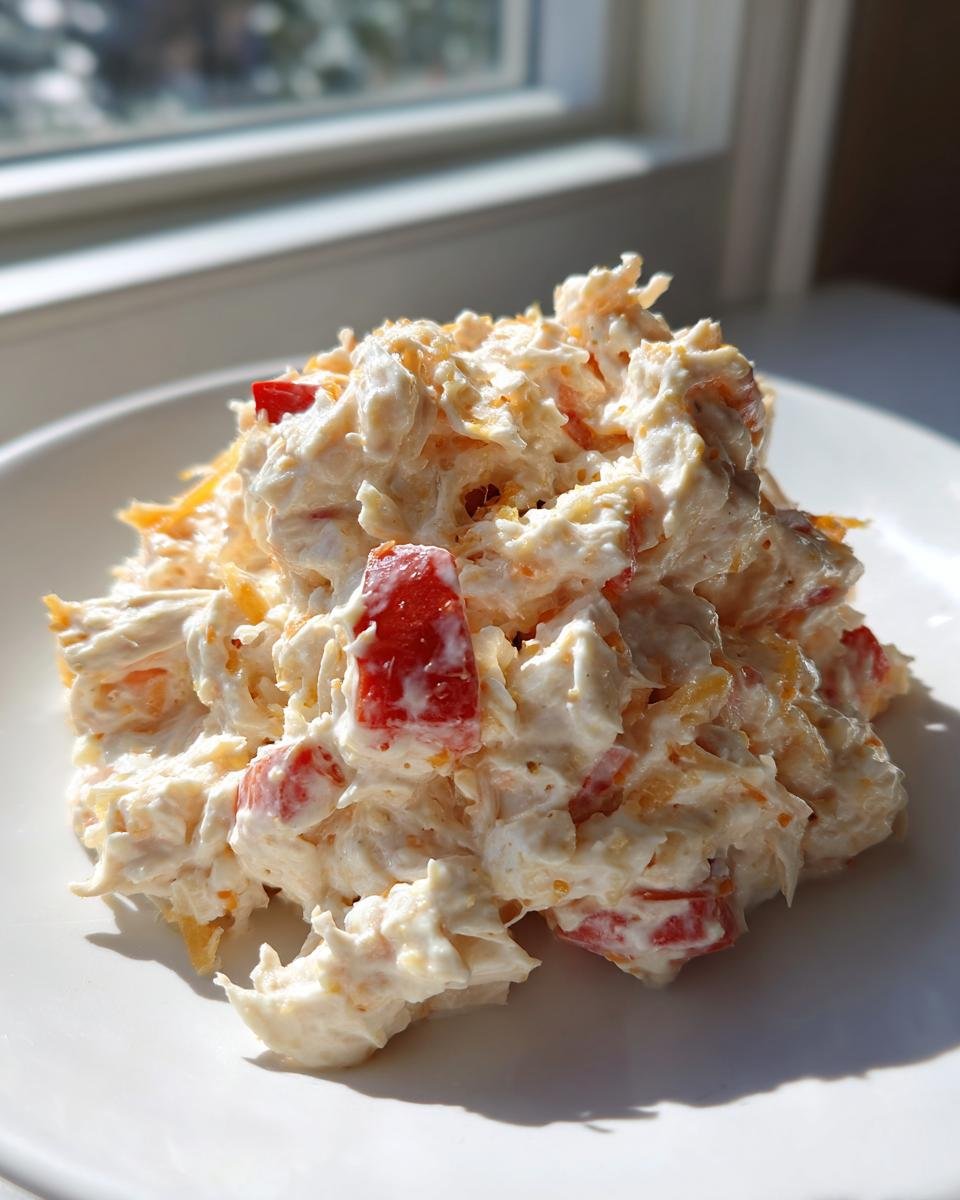 A scoop of creamy Apples Cheddar Chicken Salad with visible chunks of red pepper and shredded cheese.