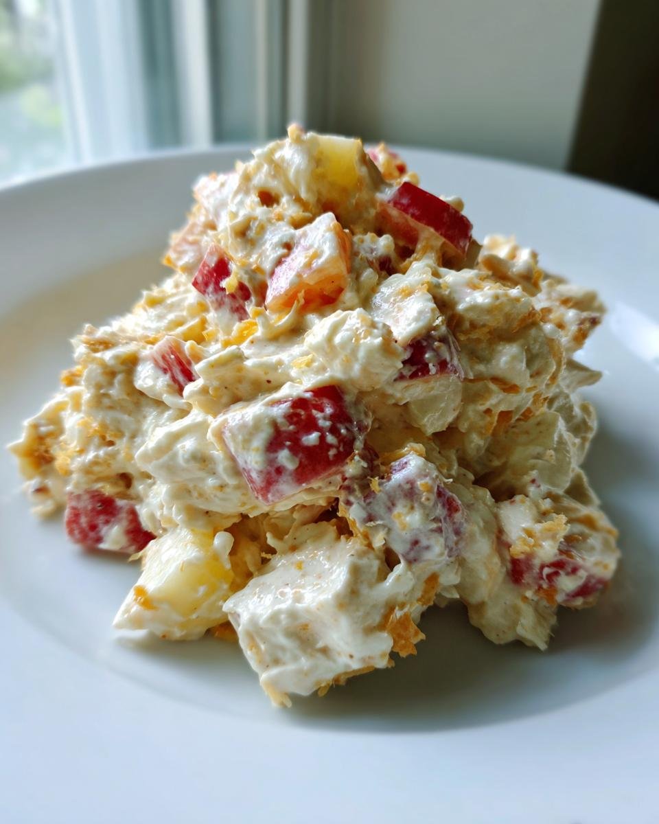 A mound of creamy Apples Cheddar Chicken Salad with visible chunks of red apple and shredded cheddar cheese on a white plate.