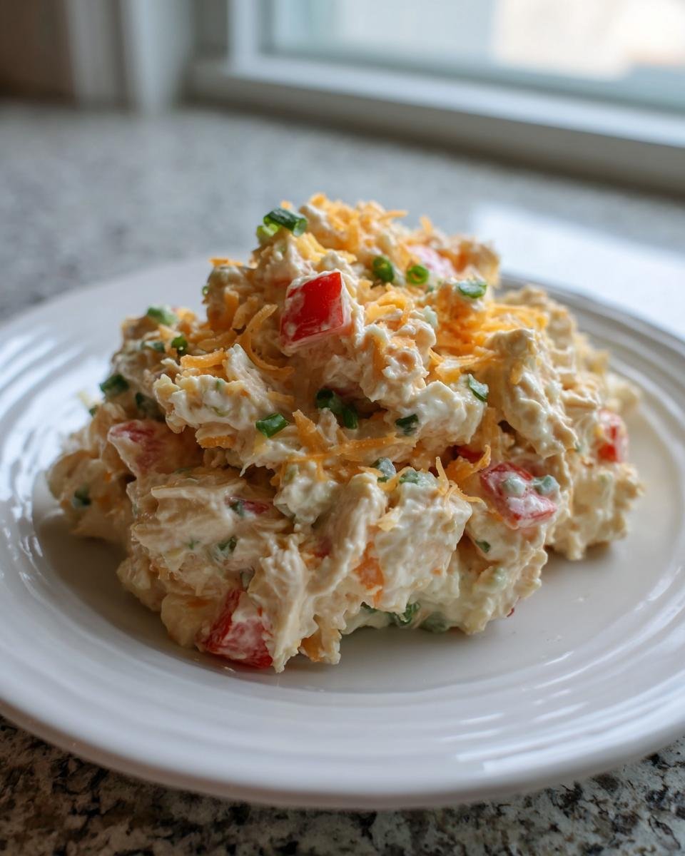 A mound of creamy Apples Cheddar Chicken Salad topped with shredded cheddar and green onions on a white plate.