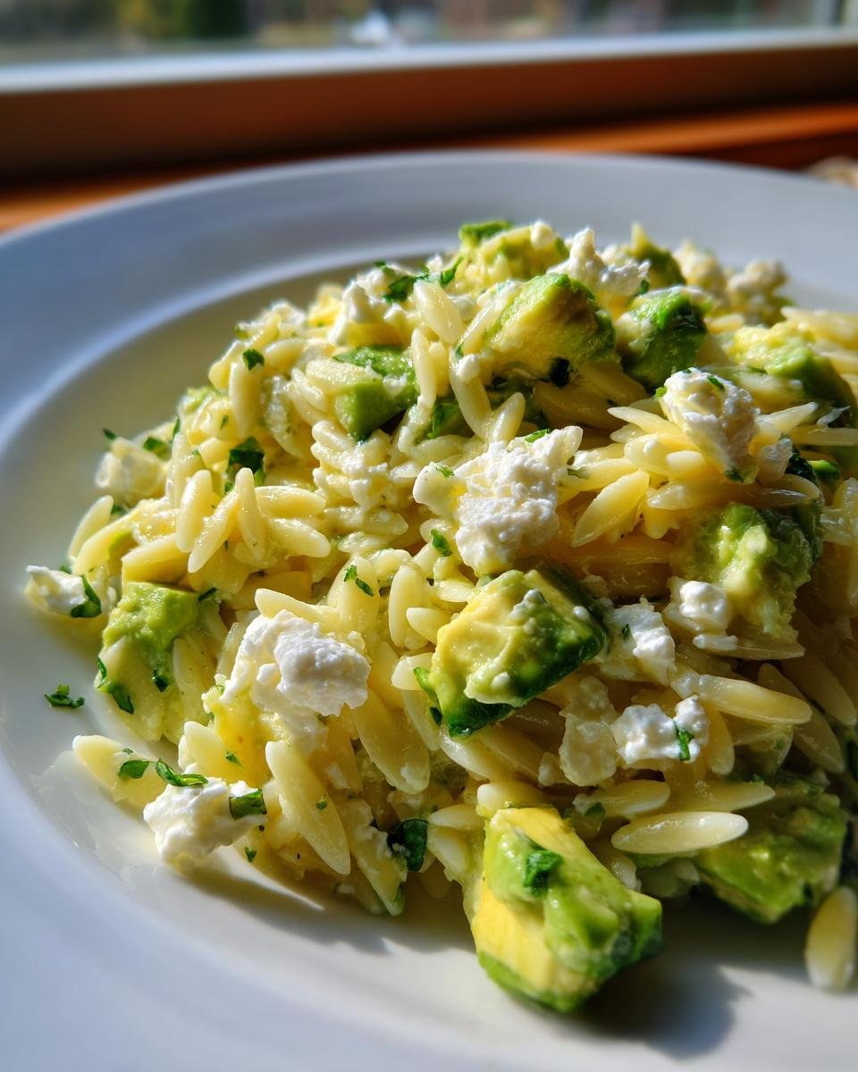 Close-up of a bright serving of Avocado Feta Orzo Salad mixed with feta cheese and herbs on a white plate.