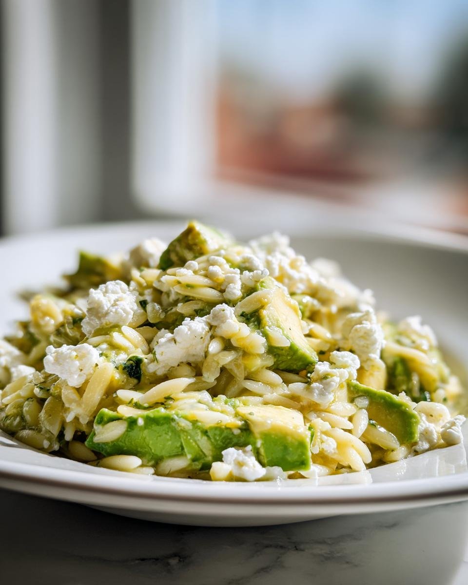 Close-up of a serving of Avocado Feta Orzo Salad featuring creamy avocado chunks and crumbled feta cheese over orzo pasta.