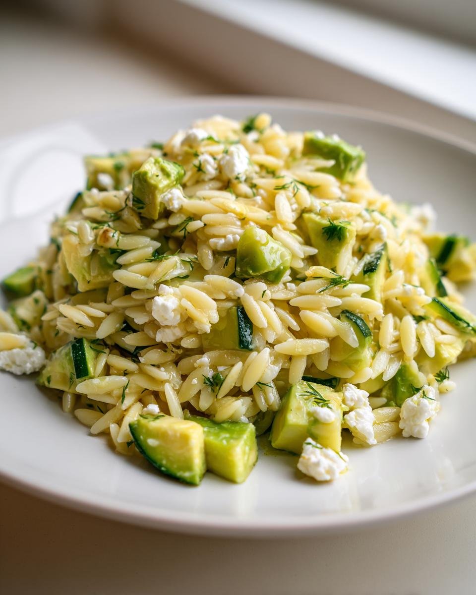A close-up serving of bright Avocado Feta Orzo Salad featuring orzo pasta, diced avocado, feta cheese crumbles, and dill.