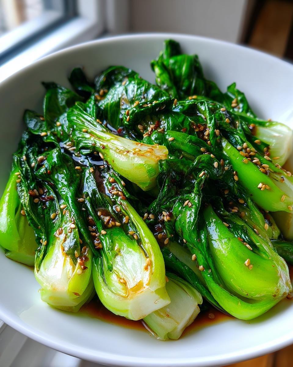 A white bowl filled with glossy, bright green Baby Bok Choy drizzled with sauce and sprinkled with sesame seeds.