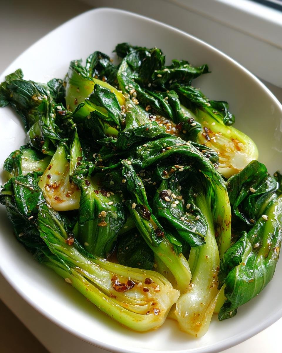 A white bowl filled with glossy, stir-fried Baby Bok Choy topped with sesame seeds.