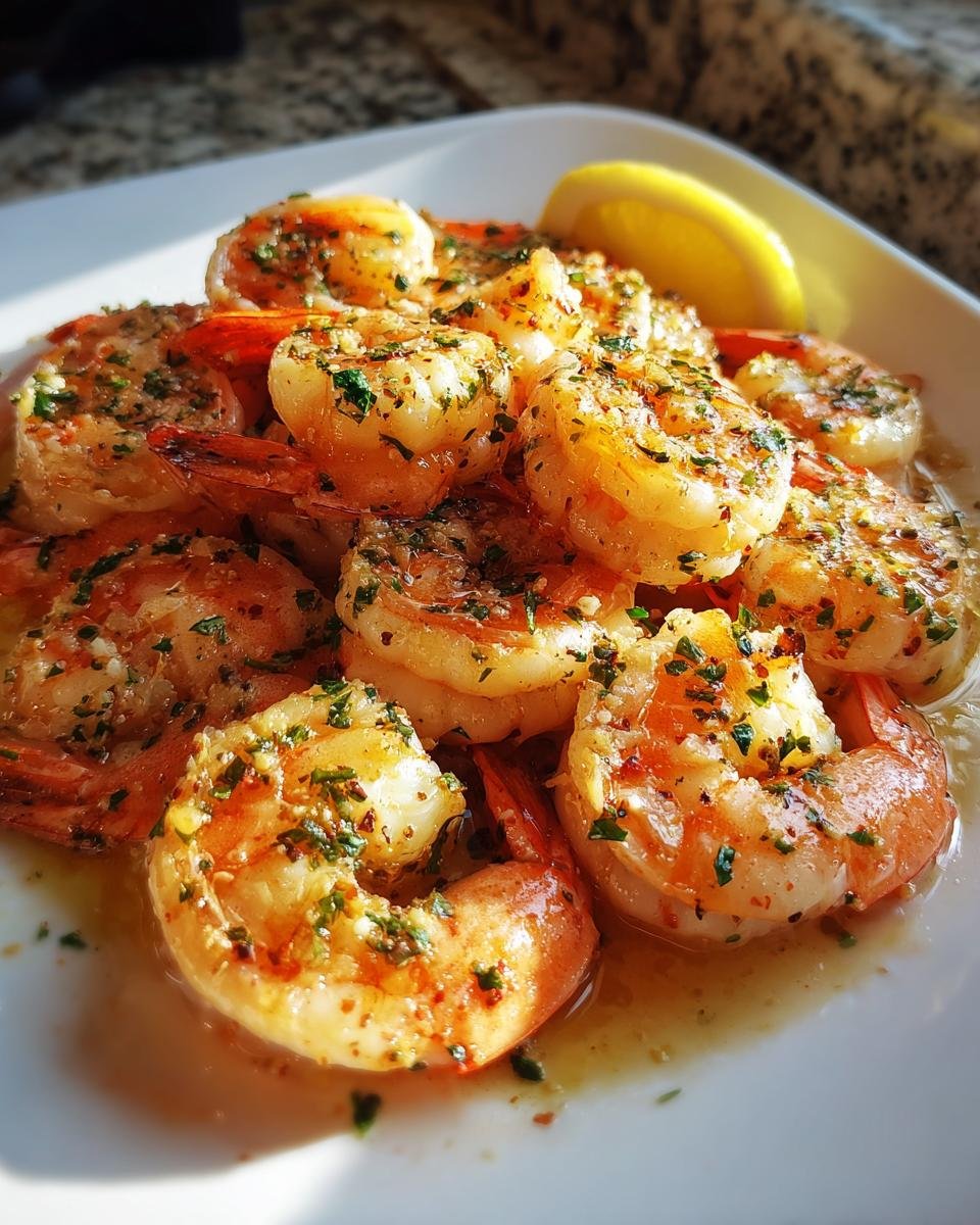 Close-up of juicy Baked Shrimp Scampi coated in garlic butter and parsley, served with a lemon wedge.