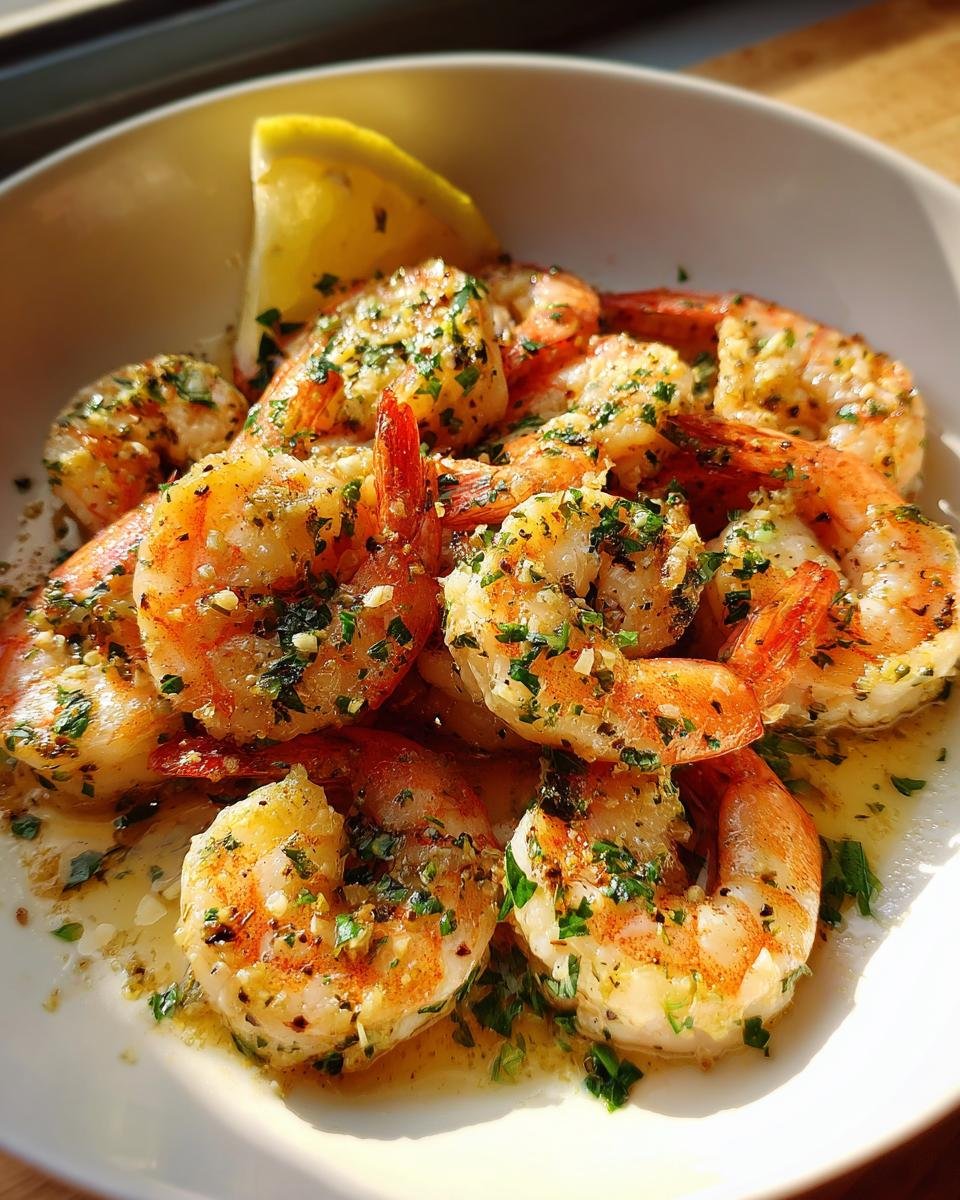 A close-up of juicy, cooked shrimp tossed in garlic butter and parsley, served as Baked Shrimp Scampi with a lemon wedge.