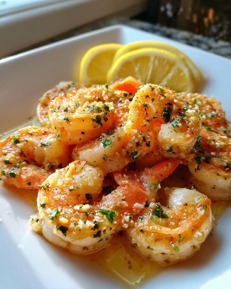 Close-up of juicy Baked Shrimp Scampi coated in garlic and herbs, served with lemon wedges.