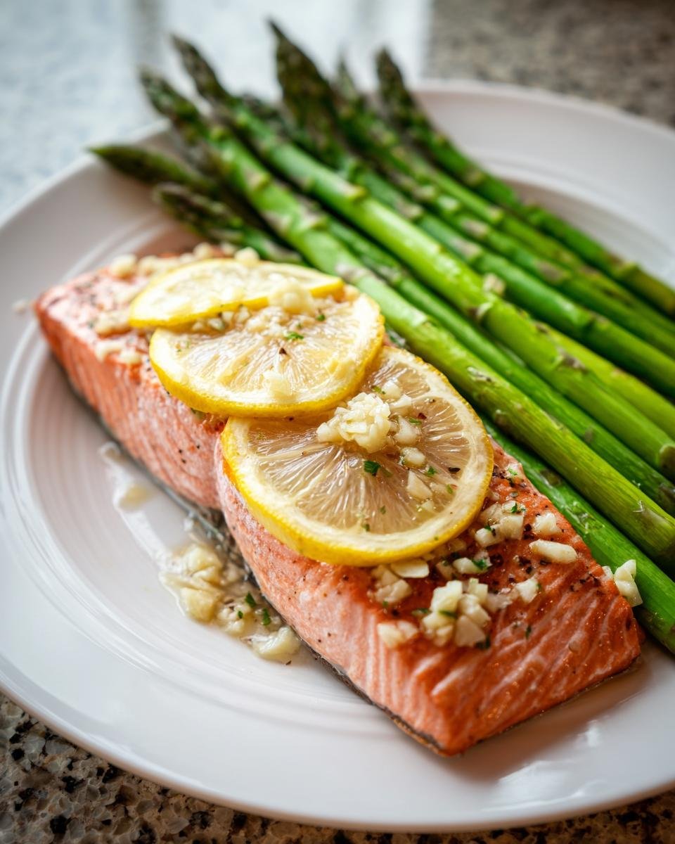 A perfectly cooked fillet of Baked Sockeye Salmon With Asparagus, topped with lemon slices and garlic.