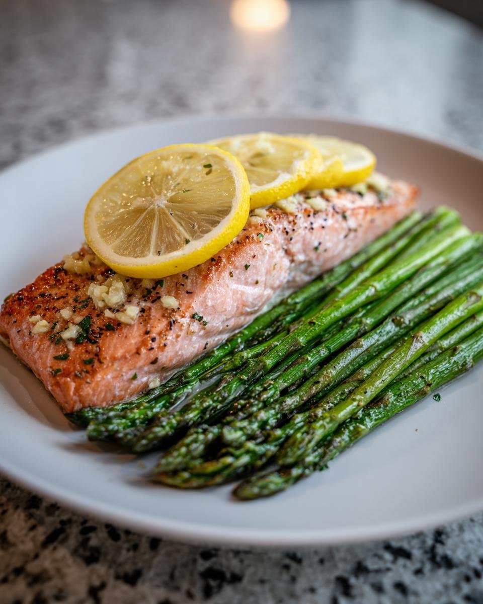 A perfectly cooked fillet of Baked Sockeye Salmon With Asparagus, topped with lemon slices and garlic.
