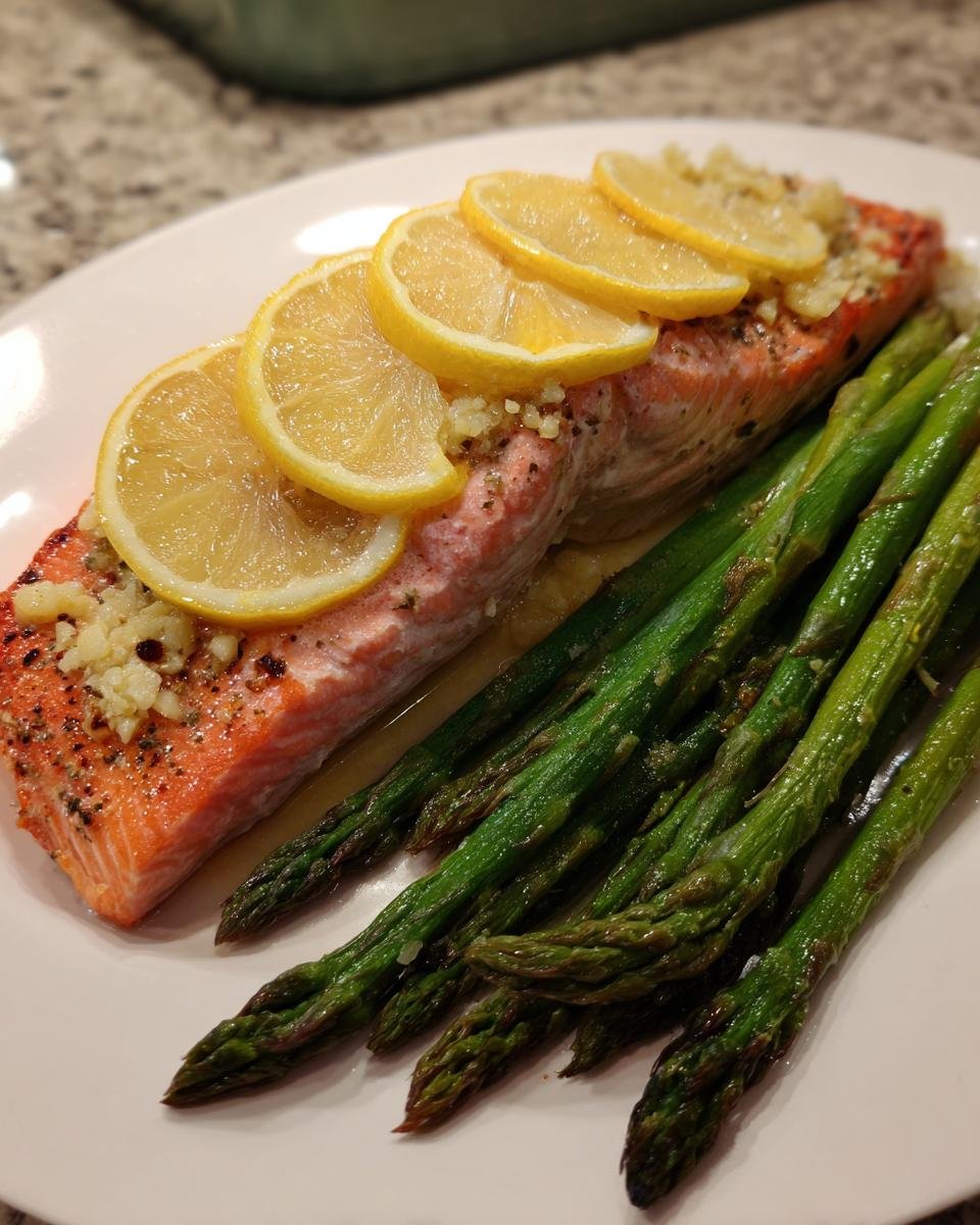 A perfectly cooked fillet of Baked Sockeye Salmon With Asparagus, topped with lemon slices and minced garlic.