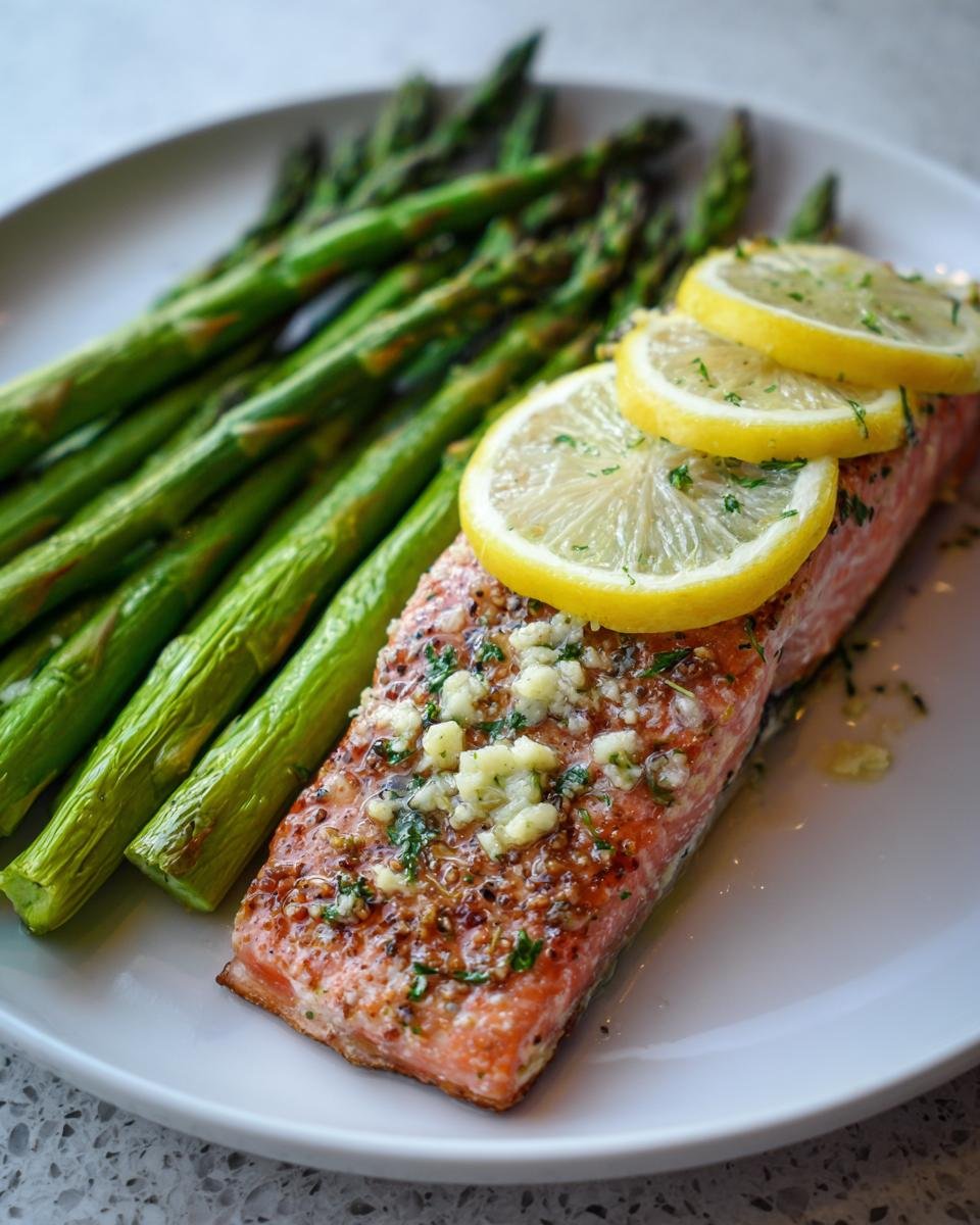 A perfectly cooked fillet of Baked Sockeye Salmon With Asparagus, topped with garlic, herbs, and lemon slices.