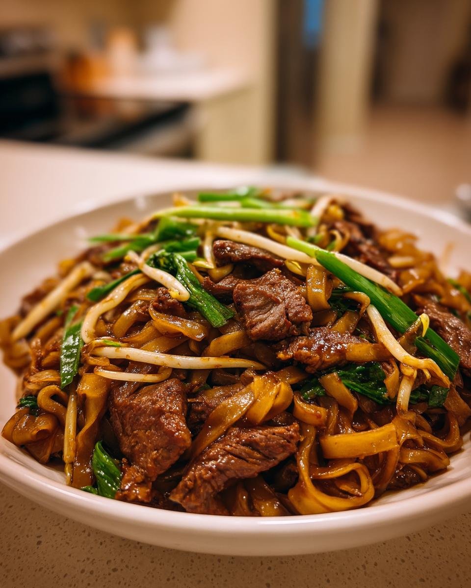A close-up shot of a generous serving of savory Beef Chow Fun noodles with tender beef, bean sprouts, and green onions.