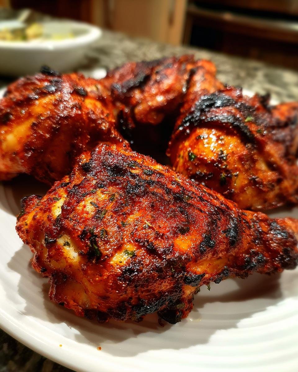 Close-up of four pieces of richly spiced, charred Piri Piri Chicken on a white plate.