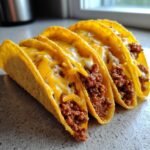 Four crispy, golden shells filled with seasoned ground beef and melted cheddar cheese, showcasing delicious baked tacos.