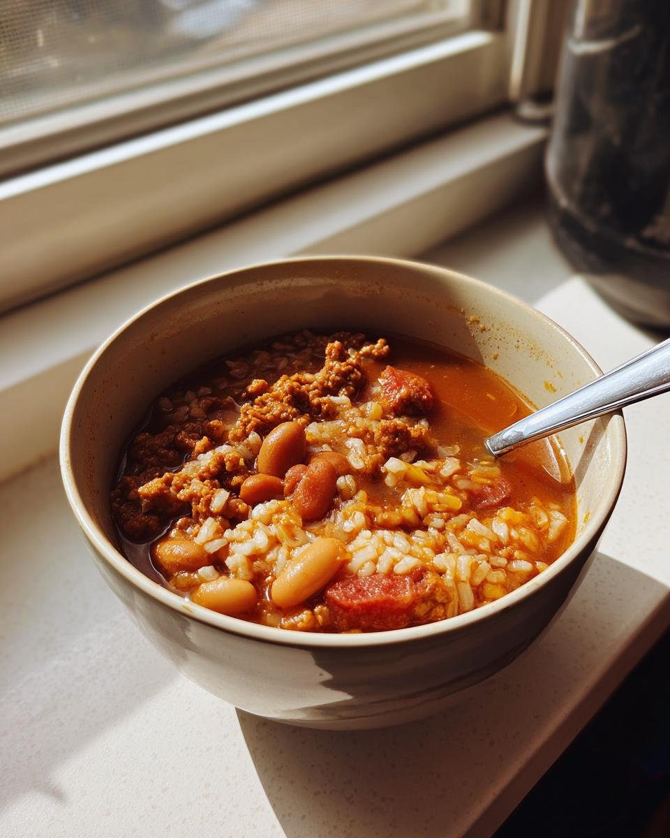 A close-up of a bowl filled with hearty Chorizo Rice Bean Soup, featuring beans, rice, and sausage chunks, set by a sunny window.