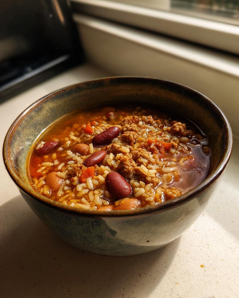 Close-up of a hearty bowl of Chorizo Rice Bean Soup featuring ground meat, rice, and kidney beans in a rich broth.