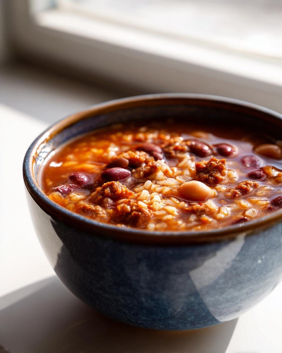 Close-up of a rich, reddish Chorizo Rice Bean Soup filled with rice, red kidney beans, and crumbled chorizo in a blue ceramic bowl.
