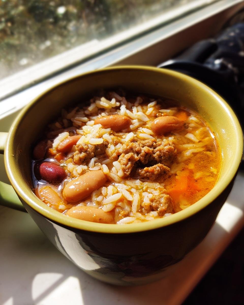 Close-up of a hearty Chorizo Rice Bean Soup served in a green mug, featuring beans, rice, and ground meat.
