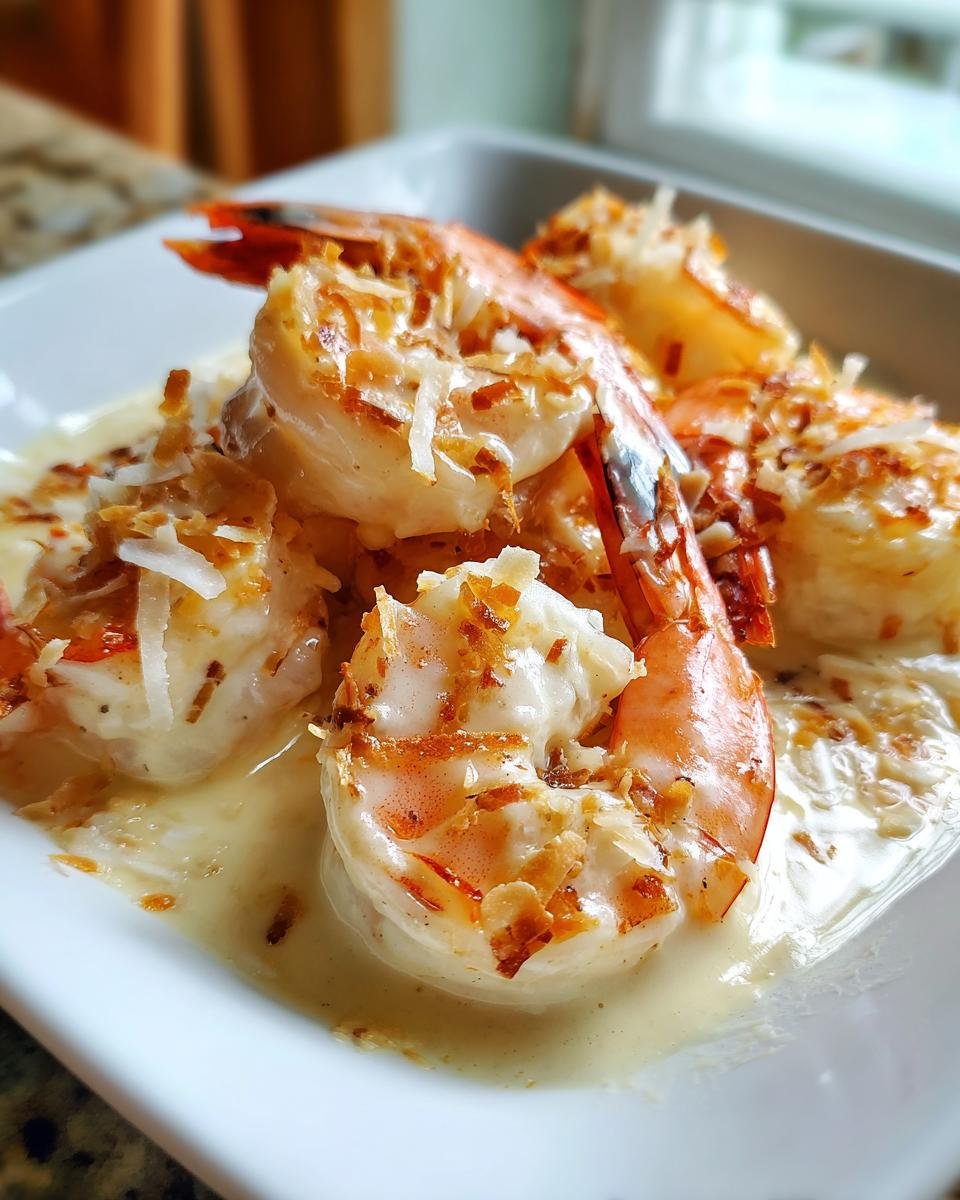 Close-up of plump shrimp coated in toasted coconut and swimming in a rich sauce, showcasing the Creamy Coconut Shrimp recipe.