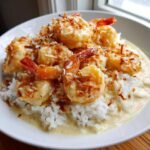 A close-up of Creamy Coconut Shrimp coated in sauce and toasted coconut flakes, served over white rice in a bowl.