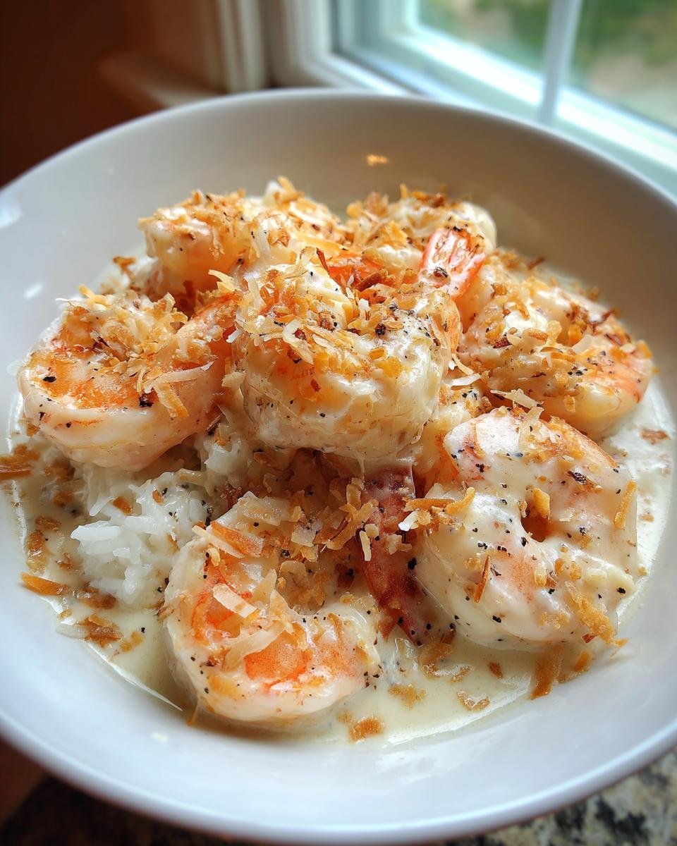 Close-up of creamy coconut shrimp served over white rice, topped with toasted coconut flakes and black pepper.