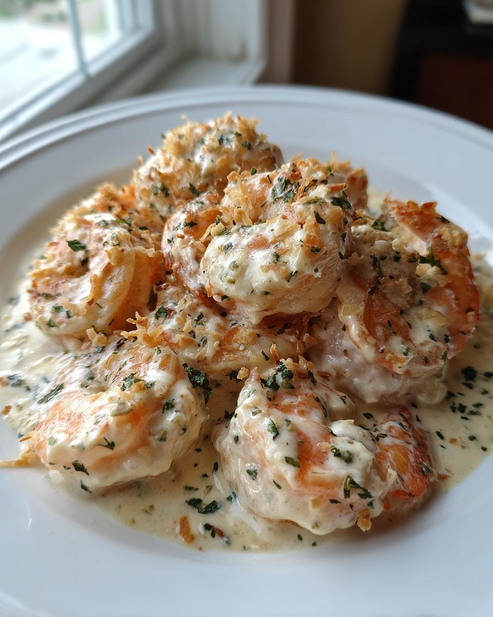 A close-up of several pieces of Creamy Coconut Shrimp coated in a rich sauce and topped with toasted coconut flakes and parsley.
