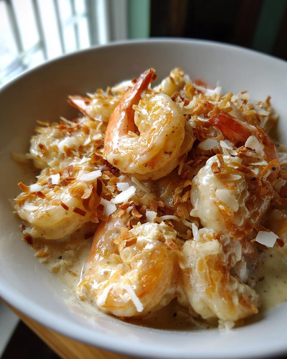 Close-up of succulent shrimp coated in a creamy sauce and topped with toasted coconut flakes, our Creamy Coconut Shrimp recipe.