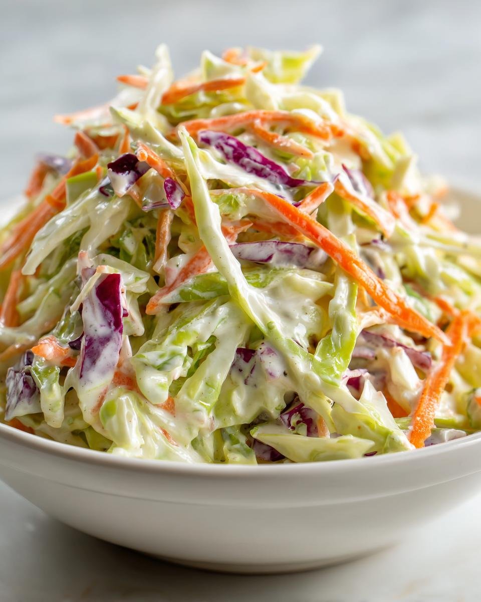 A close-up shot of fresh, creamy Coleslaw featuring shredded green cabbage, red cabbage, and carrots coated in a white dressing.
