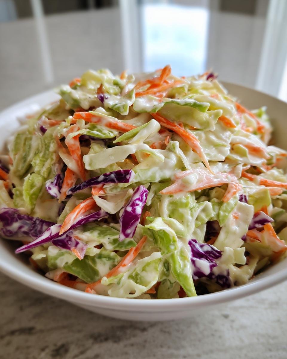 A close-up shot of fresh, creamy coleslaw featuring shredded green cabbage, purple cabbage, and carrots mixed in a white dressing.