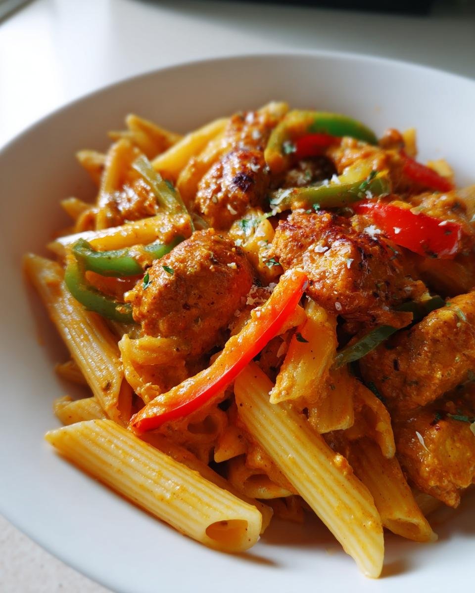 Close-up of creamy Jerk Chicken Rasta Pasta featuring penne, jerk-seasoned chicken pieces, and colorful bell peppers.