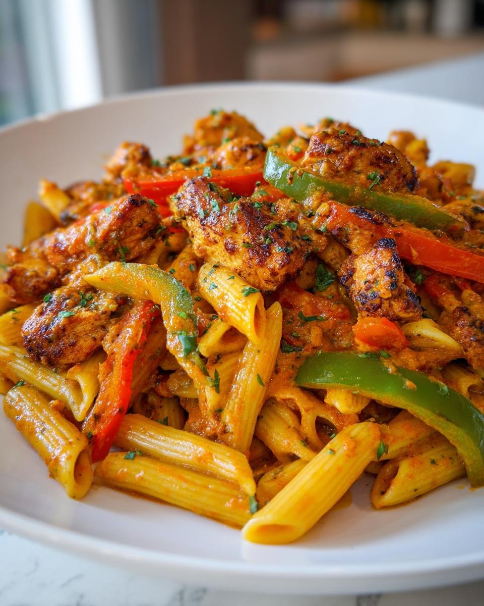 Close-up of creamy Jerk Chicken Rasta Pasta featuring penne, seasoned chicken pieces, and colorful bell peppers.