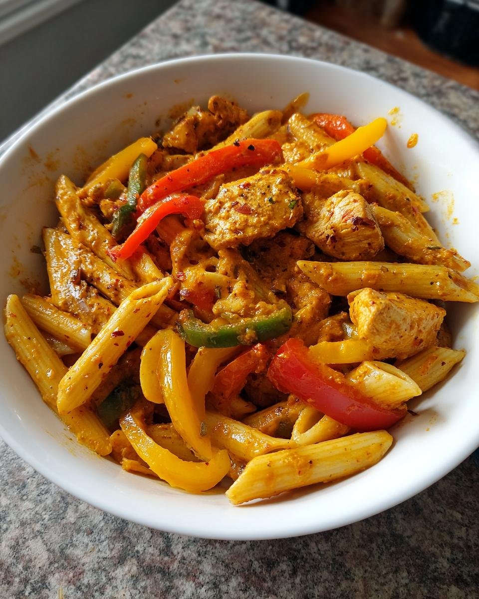 A close-up of creamy Jerk Chicken Rasta Pasta with penne, chicken pieces, and colorful bell peppers in a white bowl.