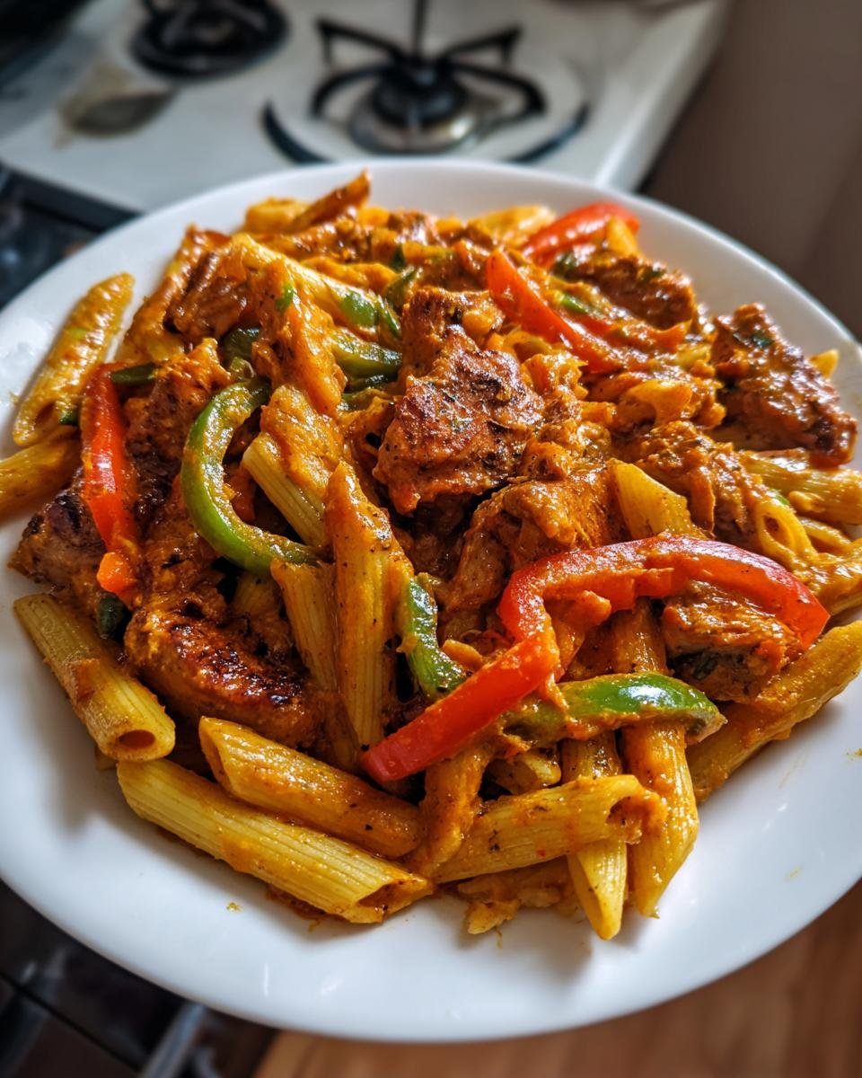 Close-up of creamy Jerk Chicken Rasta Pasta with penne, red and green peppers, served on a white plate.