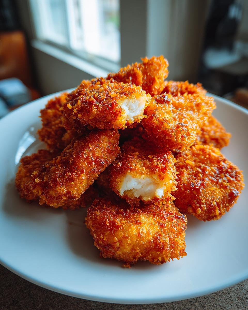 A close-up of golden brown, crispy Air Fryer Chicken Nuggets piled high on a white plate, one nugget broken open showing the white interior.