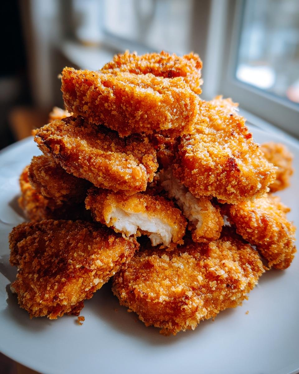 A pile of golden brown, crispy Air Fryer Chicken Nuggets stacked high on a white plate, one nugget broken open showing white meat.