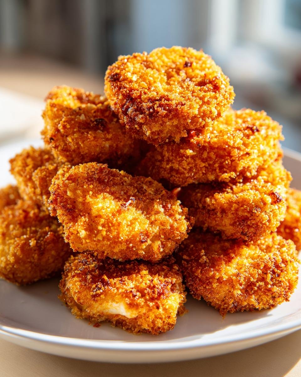 A tall stack of golden brown, crispy Air Fryer Chicken Nuggets piled high on a white plate.