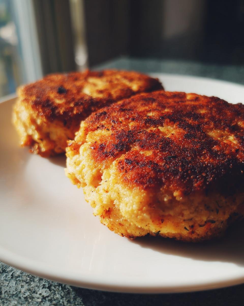 Two golden-brown, crispy Air Fryer Fish Cakes resting on a white plate, illuminated by sunlight.