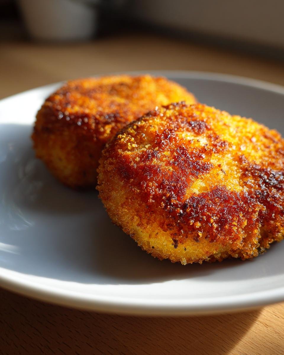 Two golden brown, crispy Air Fryer Fish Cakes served closely together on a light grey plate.