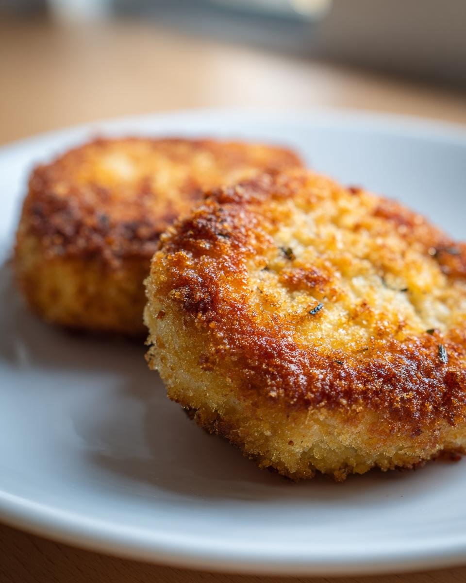 Close-up of two golden-brown, crispy Air Fryer Fish Cakes served on a white plate.