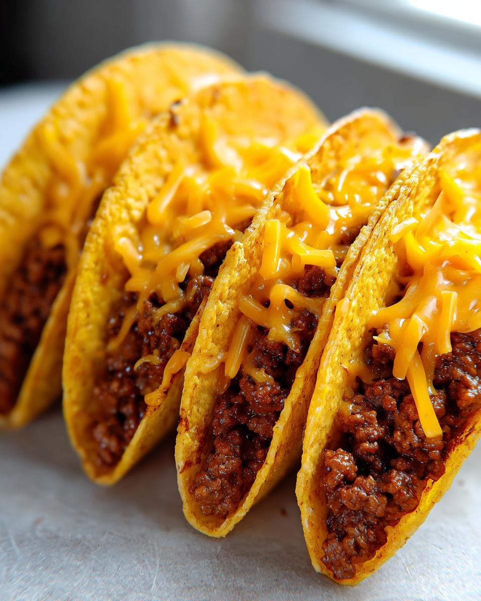 A row of four crispy, golden shell Baked Tacos filled with seasoned ground beef and topped with melted shredded cheddar cheese.
