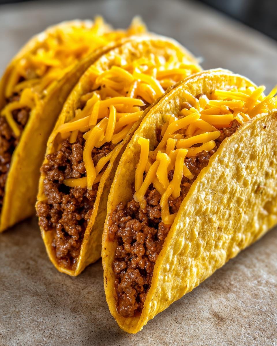 Close-up of three crispy, golden-brown baked tacos filled with seasoned ground beef and topped generously with shredded cheddar cheese.