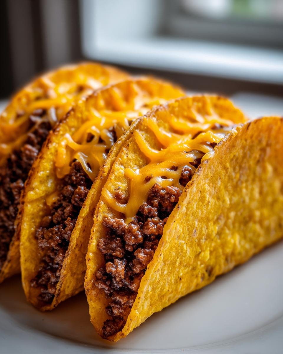 Four crispy, golden-brown baked tacos filled with seasoned ground beef and topped with melted cheddar cheese.
