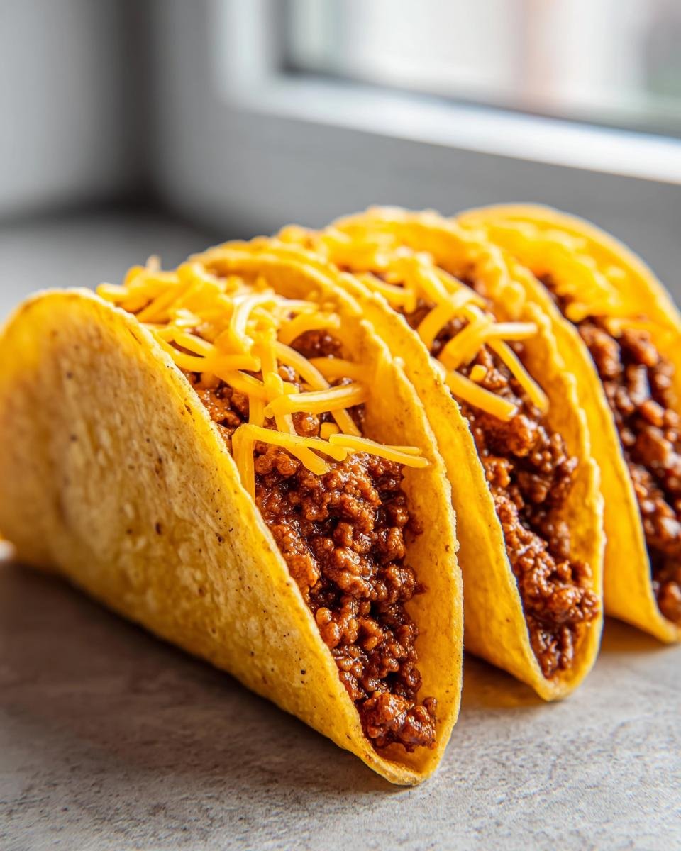 A row of three crispy, hard-shell Baked Tacos filled with seasoned ground beef and topped with shredded cheddar cheese.