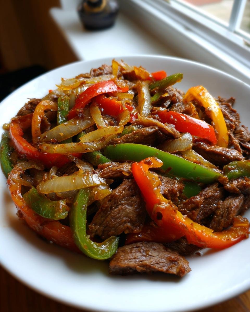 Close-up of tender Crock Pot Beef Fajitas strips mixed with colorful sautéed bell peppers and onions in a white bowl.