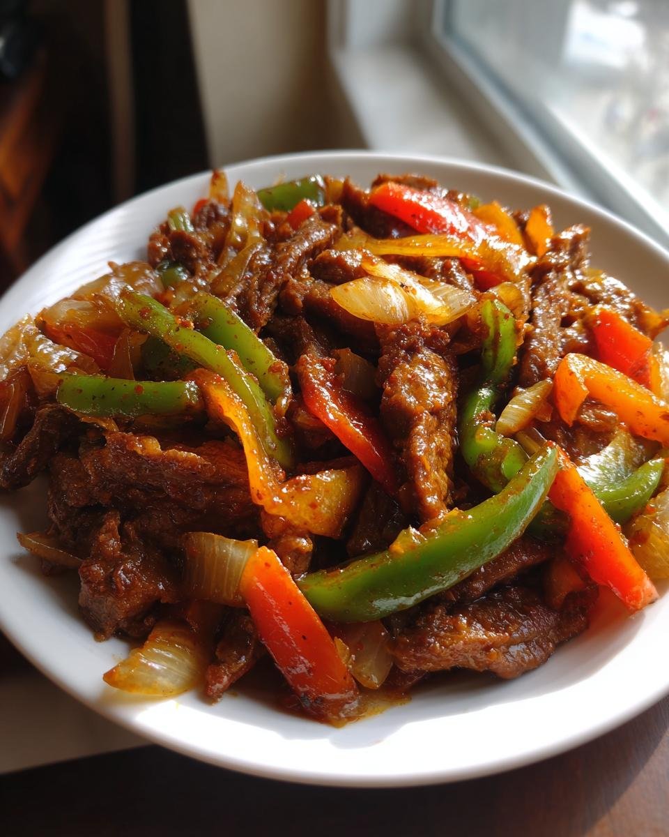 Close-up of tender Crock Pot Beef Fajitas mixed with sautéed green, red, and yellow bell peppers and onions on a white plate.