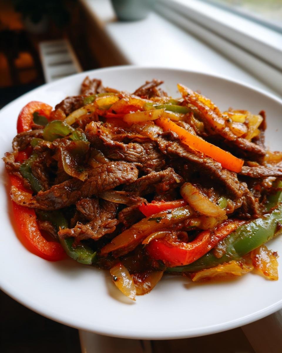 Close-up of tender Crock Pot Beef Fajitas served on a white plate with sautéed red, green, and yellow peppers and onions.