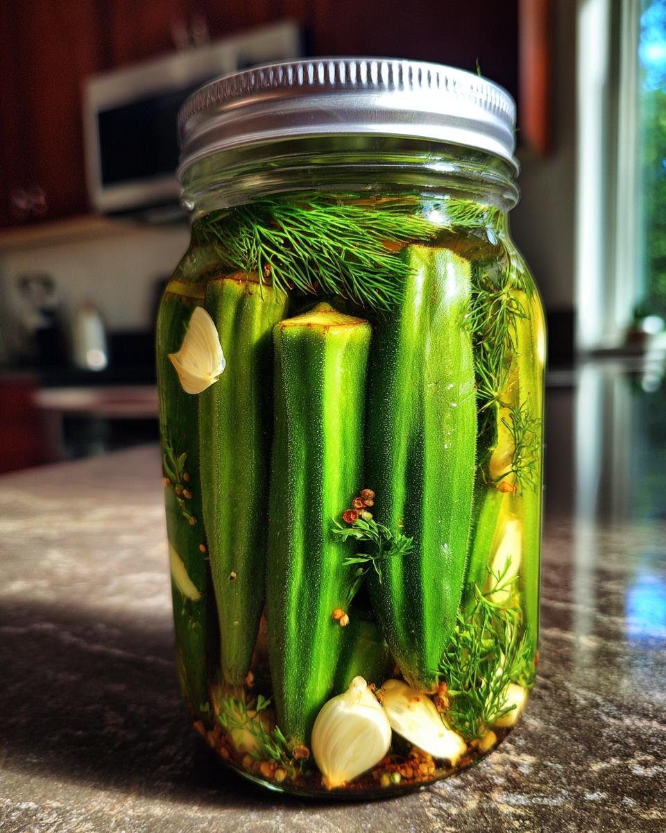 Close-up of a glass jar filled with whole Crunchy Pickled Okra, garlic cloves, dill, and spices.