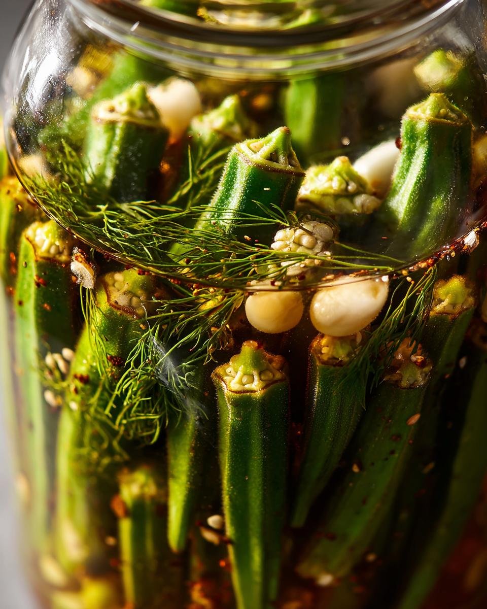 Close-up of a glass jar filled with crunchy pickled okra, dill, garlic, and spices.