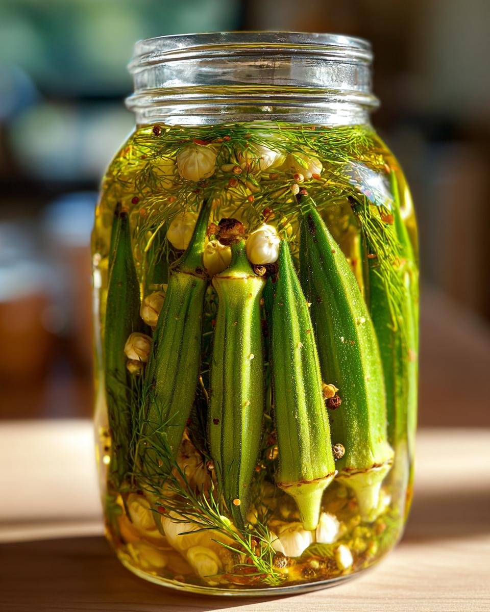 Close-up of a glass jar filled with crunchy pickled okra, dill, garlic, and spices.
