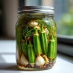 A close-up of a glass jar filled with fresh okra, garlic cloves, dill, and spices for a Crunchy Pickled Okra Recipe.